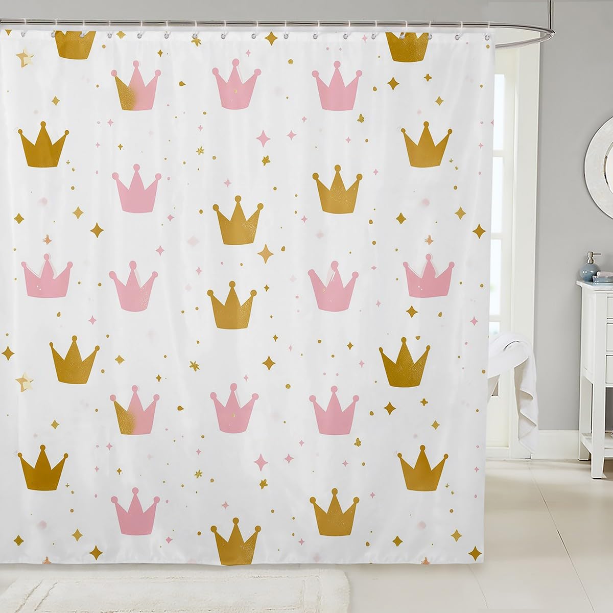 Crown 72" W X 72" L Bathroom Shower Curtain Sets Golden And Pink Crown Print Fabric Shower Curtain,Princess Style Royal Shower Curtain Cartoon Glitter Decor Bathroom Accessories for Girls Boys,White