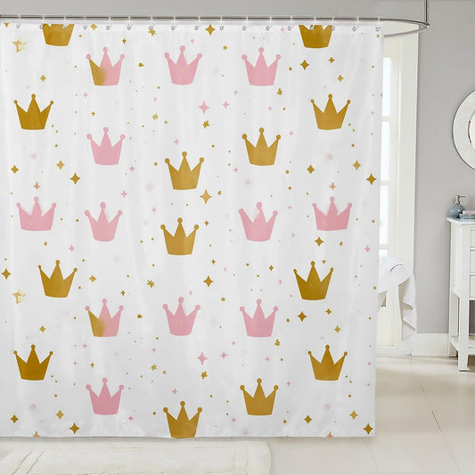 Crown 72" W X 72" L Bathroom Shower Curtain Sets Golden And Pink Crown Print Fabric Shower Curtain,Princess Style Royal Shower Curtain Cartoon Glitter Decor Bathroom Accessories for Girls Boys,White