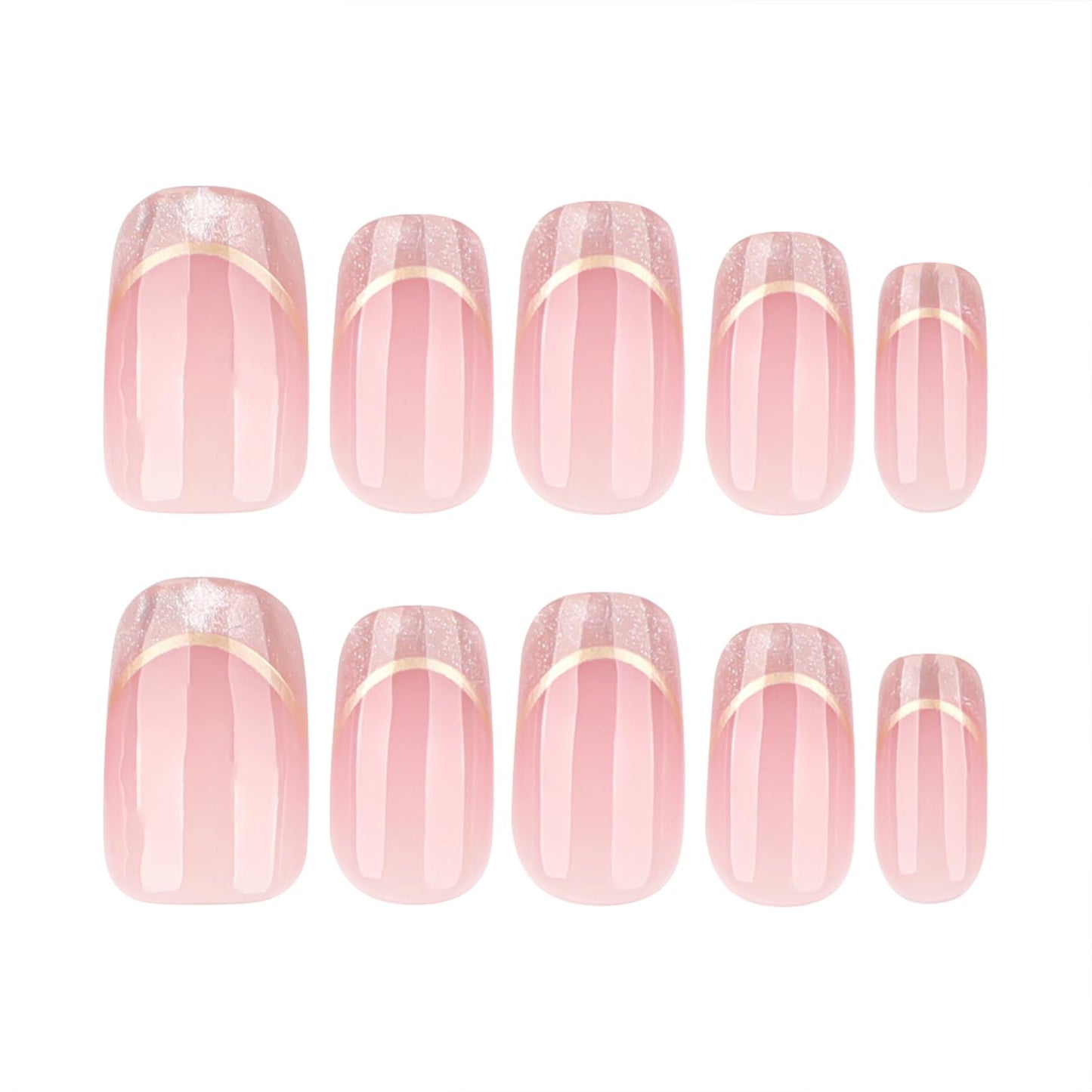 Short Almond Press On Nails Nude Glitter French Tips with Gold Outline, Glossy Acrylic Fake Nails, Reusable Stick On Nails Kit with for Women, Elegant Shimmery Manicure Set