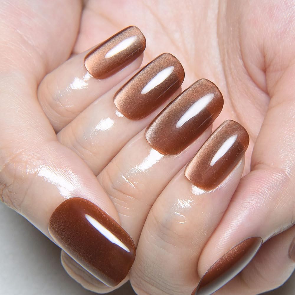 Nude Brown Cat Eye Press on Nails Medium Square, Medium Square Press Stick on Nails Chrome for Women Gift, Brown Holographic Glitter Glossy Reusable Soft Acrylic Fake Nail with Design Cateye Effect