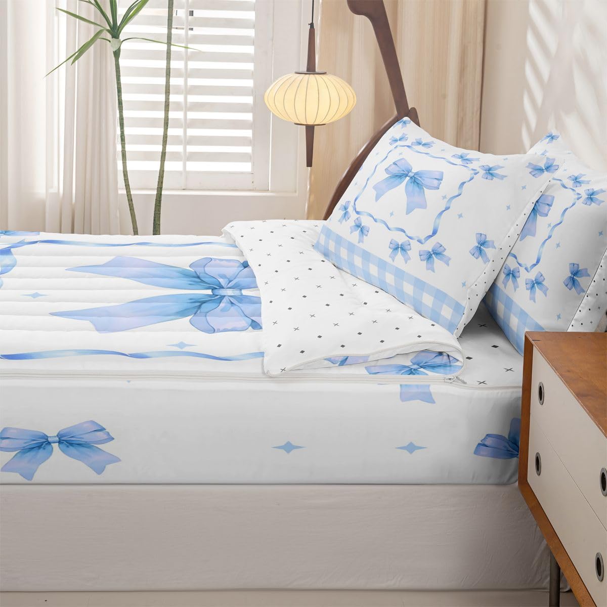 Feelyou Cute Bow Zipper Bedding Queen Kawaii Bowknot Zipper Bedding Sets for Kids Boys Girls Princess Bowknot Comforter Set with Fitted Sheet and Pillowcases Buffalo Check Bedroom Decor Blue