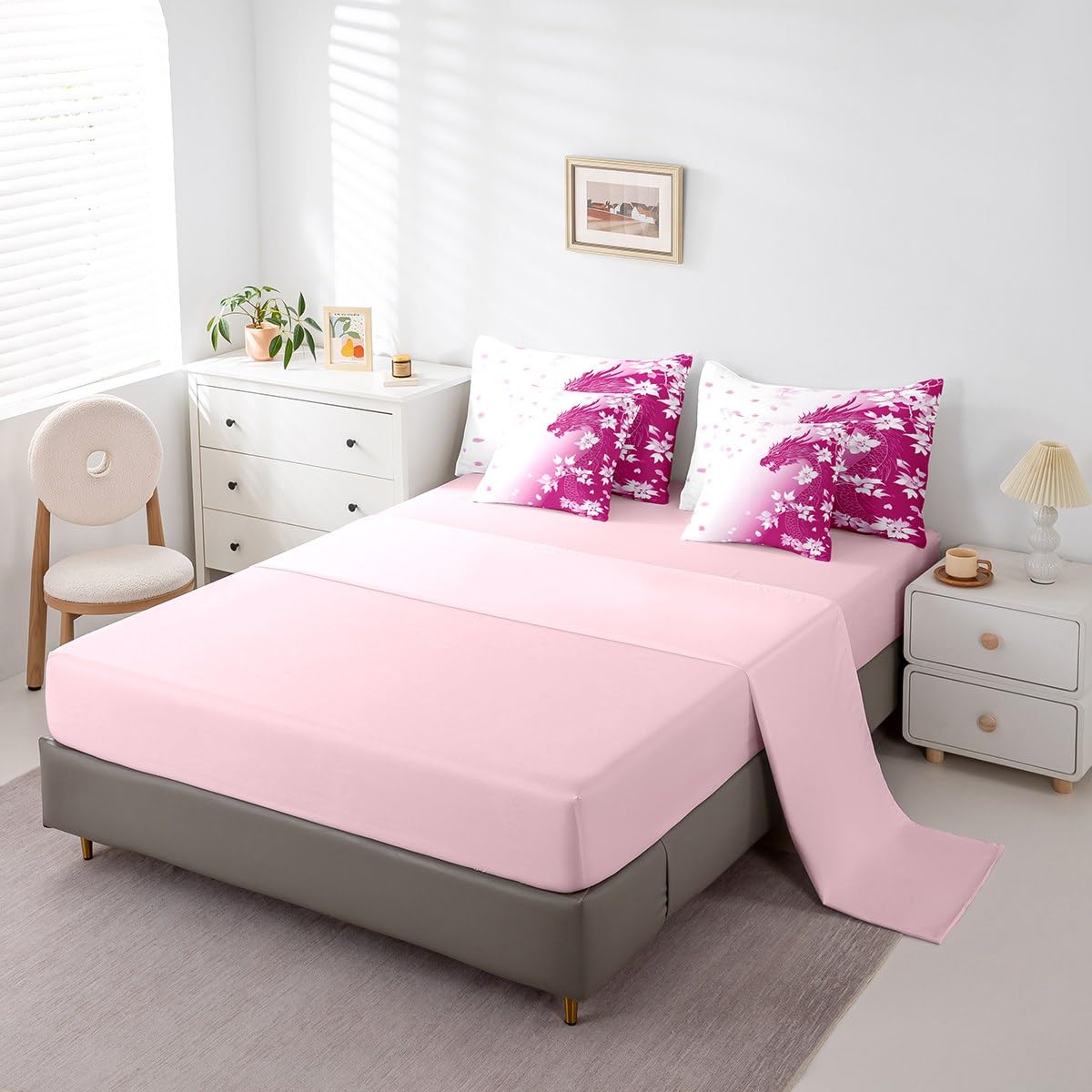Erosebridal Pink Fantasy Dragon Bed in A Bag Pink White Gradient Princess Bedding Set for Kids Girls Teen Women,Magical Wildlife Animal King Comforter Set 7 Piece Dreamy Cherry Blossom Bed Set