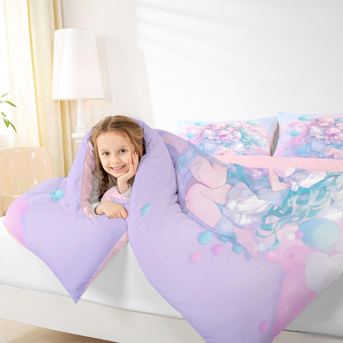 Erosebridal Anime Girl Kids Bedding | Girly Friendship Twin Comforter Sets,Fantasy Dreamy Girls Comforter Romance Ballons Duvet Insert with 1 Pillow Case
