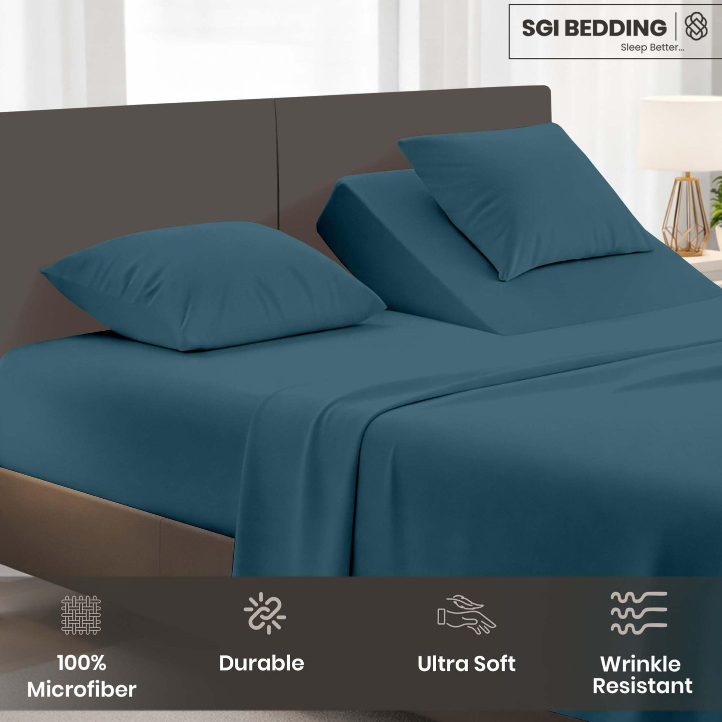 SGI bedding Adjustable Split Head Flex Top King 32" Microfiber Sheet Set – Ultra Soft, Cooling & Deep Pocket 15” Fitted, 4-Piece Breathable & Durable Bedding Set for Split King Beds -Teal