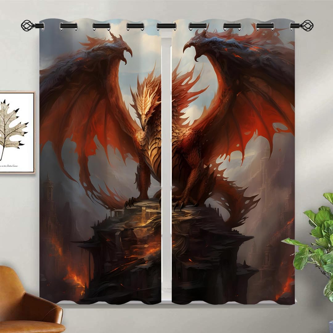 18TH CROZY Dragon Blackout Curtains for Girls Boy Home Decor, Medieval Fantasy Magical Red Animal Grommet Thermal Insulated Drapes Darkening Window Curtain for Bedroom Living Room, 42 x 45 Inch