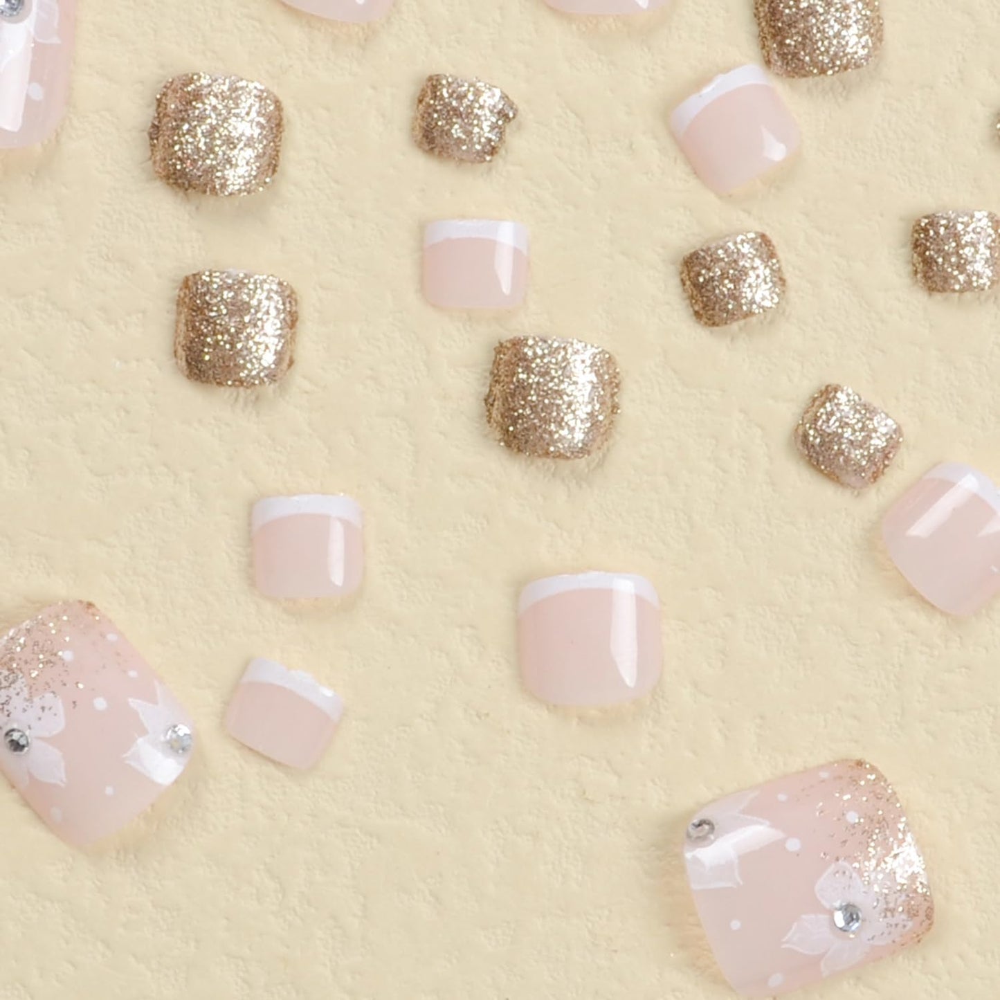 24Pcs Flower Press On Toe Nails for Women French Tip With Gold Glitter Rhinestones Designs Glossy Fashion False Full Cover Acrylic Nails Art DIY Foot Design Tips