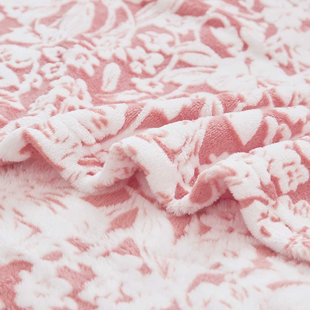 FY FIBER HOUSE Flannel Fleece Throw Blanket Super Soft Lightweight Microfiber with Flower Print for Couch, 60"X80", Peach