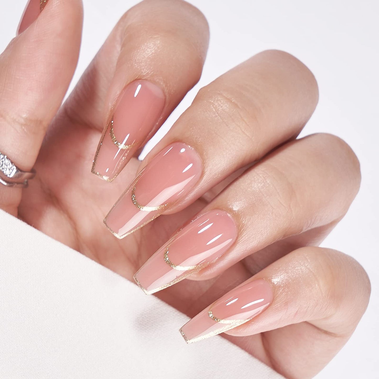 BTArtbox Press on Nails Long - Rose Gold Outline Designed French Tip Press on Nails, Coffin Glue On Nails, Reusable Soft Gel Stick On Nails with Nail Glue in 16 Sizes, Gilded French