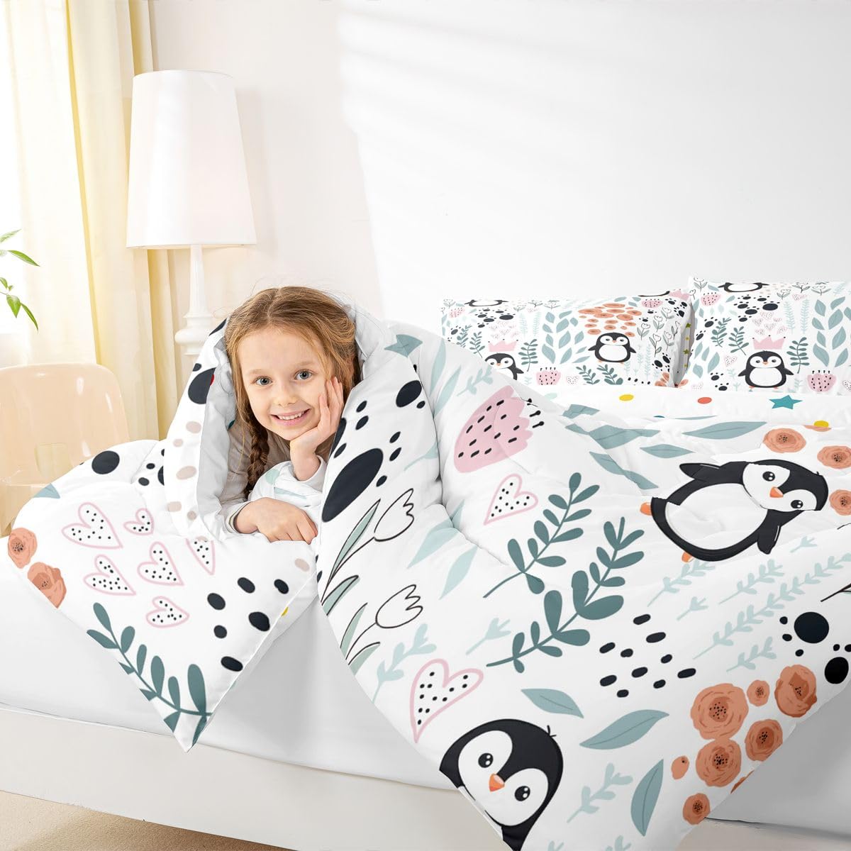 Erosebridal Kawaii Penguin Bedding Set Twin,Cartoon Penguin Comforter Set for Kids Girls Boys,Cute Love Heart Leaf Flower Comforter Set,Paw Print Wildlife Animals Quilt Bed Set with 1 Pillow Case