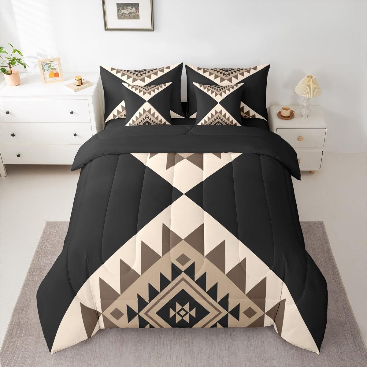 Erosebridal Black Beige Abstract King 7-Piece Bedding Set for Adult Women Men Modern Boho Western Aztec Comforter Set Geometric Stripes Bed in a Bag Stylish Art Southwestern Bed Collections
