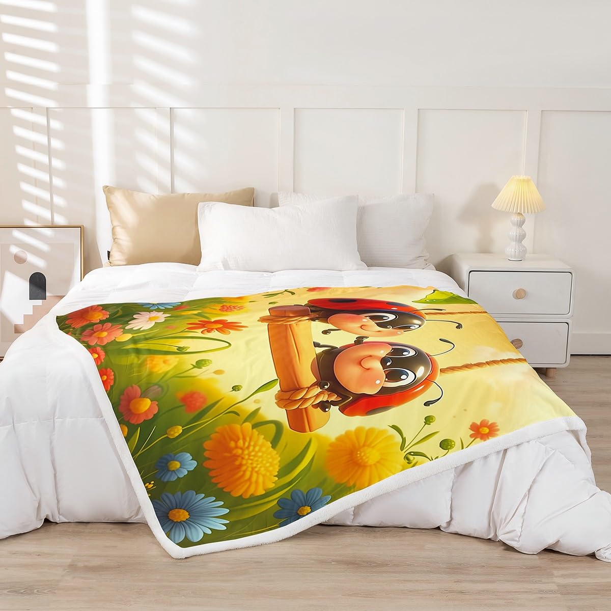 Erosebridal Spring Ladybugs Sherpa Blankets Cartoon Ladybird Reptile Throw Bed Blanket Cute Kawaii Beetles Print Fleece Blankets Spring Garden Flowers Flannel Blanket Throw 50"X60" For Kids Boys Girls