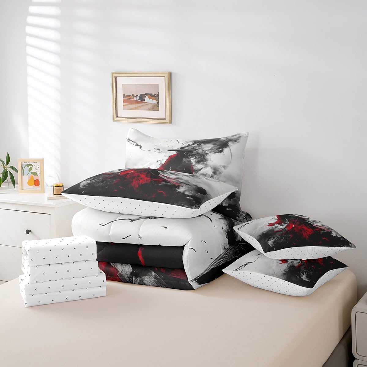 7 Pieces Japanese Style Comforter Set Queen,Ink Painting Oriental Culture Bed Set for Kids Boys Girls,Black Red Bedding(1 Comforter,1 Fitted Sheet,1 Flat Sheet,2 Pillowcases,2 Throw Pillow Cover)