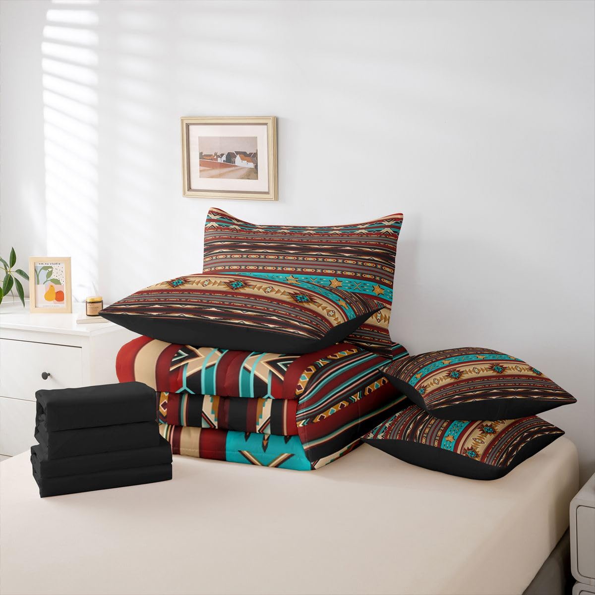 Bohemian Aztec Queen Comforter Set with Sheets Western 7 Piece Bedding Set Retro Southwestern Bed in a Bag, Arrow Western Star Geometric Sriped Bed Sets African Nordic Style Boho Decor,Warm Taupe