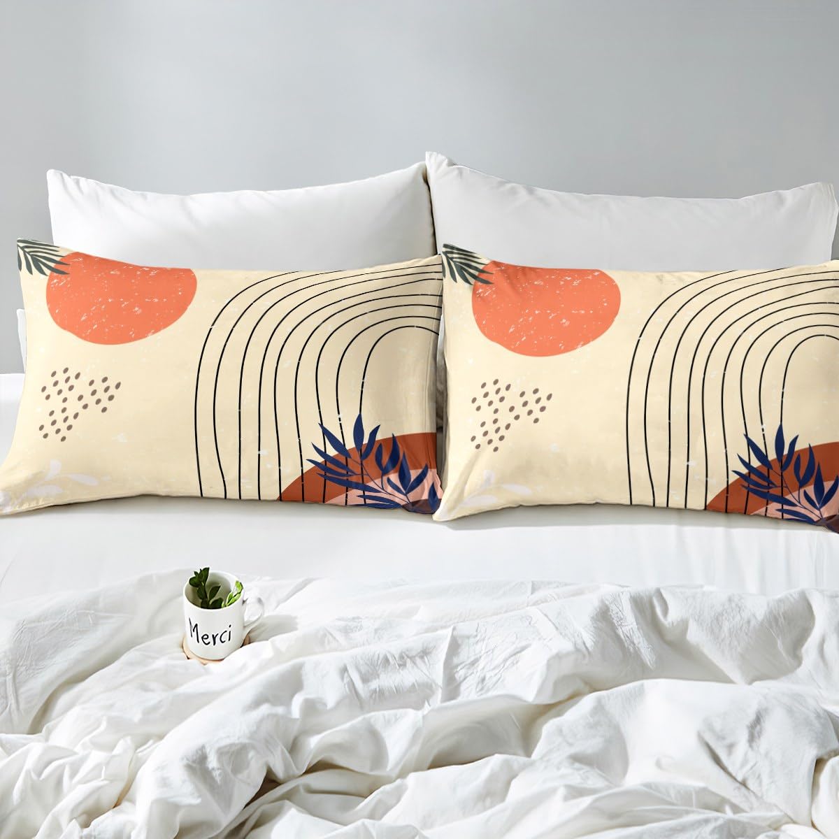 Retro Minimalism Comforter Cover Hippie Modern Bed Set, Mid Century Duvet Cover Queen Size Abstract Art Bedding Sets, Geometric Lines Stripes Bedspread Cover Red Sun Print Bedroom Decoratives