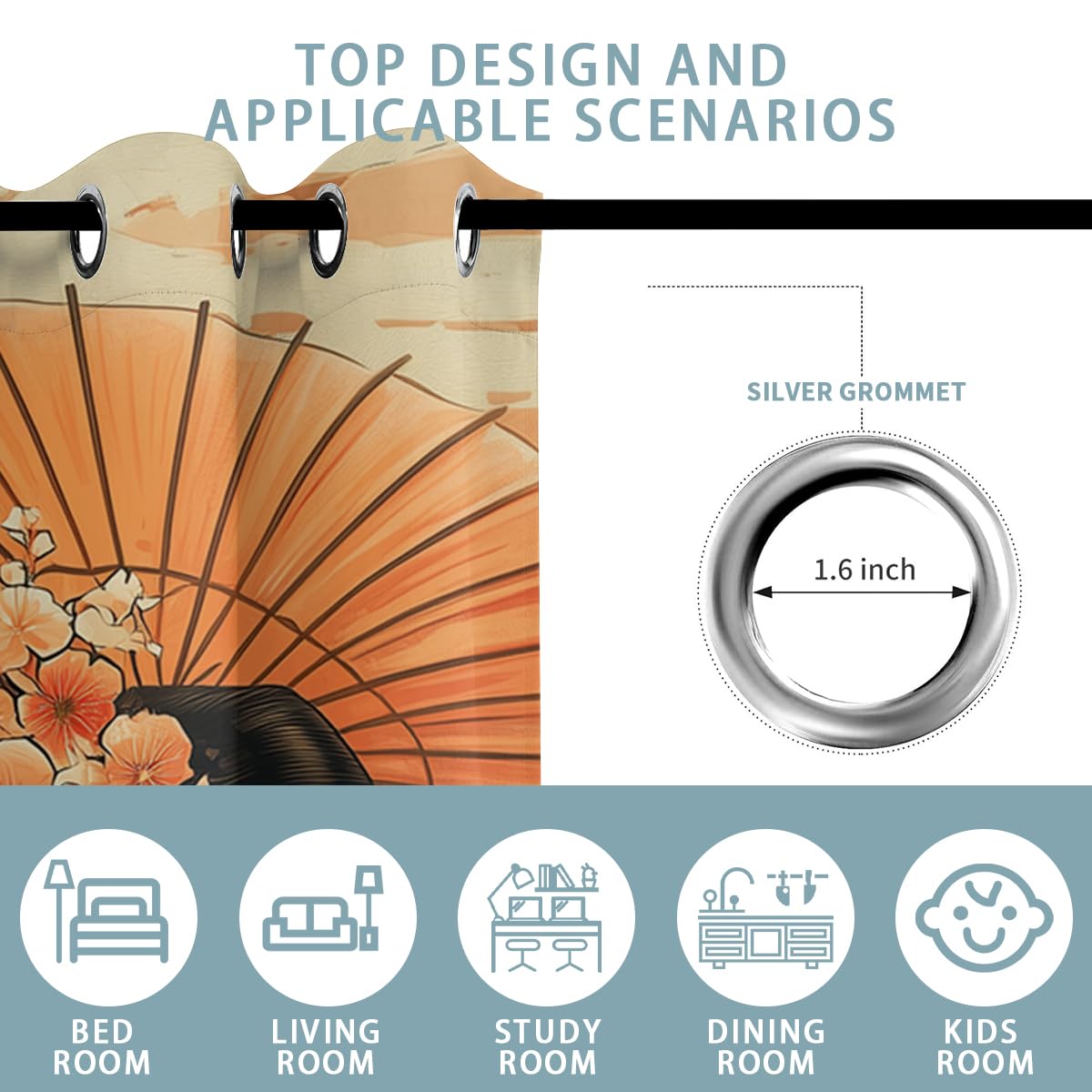 Czrouz Retro Geisha Curtain, Asian Japanese Style Women Sun Mount Fuji, Grommet Curtains for Vanity Corner or Compact Bedroom Window, 42 x 45 Inch, Thermal Insulated Darkening Drapes