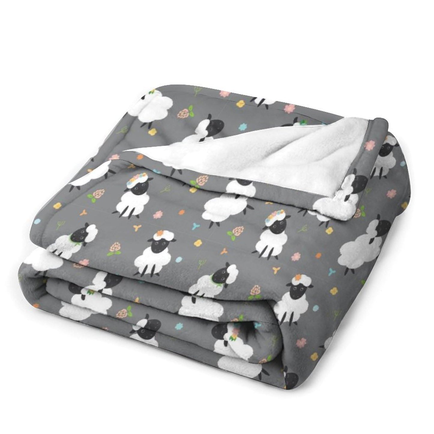 Cute Black Sheep Blanket Colorful Flower Cartoon Sheep Gray Soft Cozy Lightweight Throw Blanket for Children Girls Boys Bedroom Living Room Dorm Chair Sofa Travel 40x50in