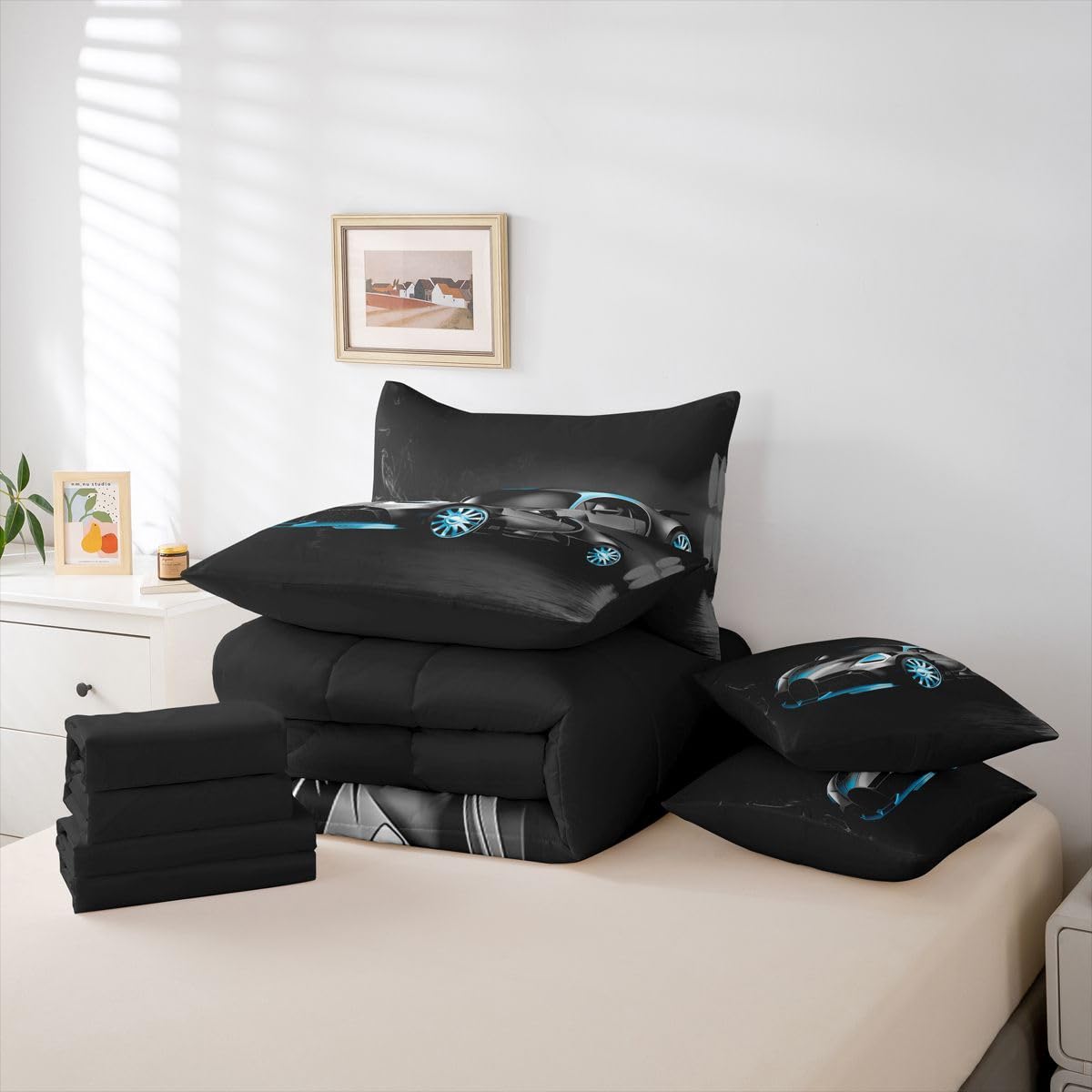 Sports Car 7 Piece Bedding Set Stylish Black Race Car Comforter Set with Sheets for Kids Boys Girls Extreme Sports Theme Bed in a Bag Cool Speed Luxury Car Decor Bed Set with 2 Pillowcases Queen
