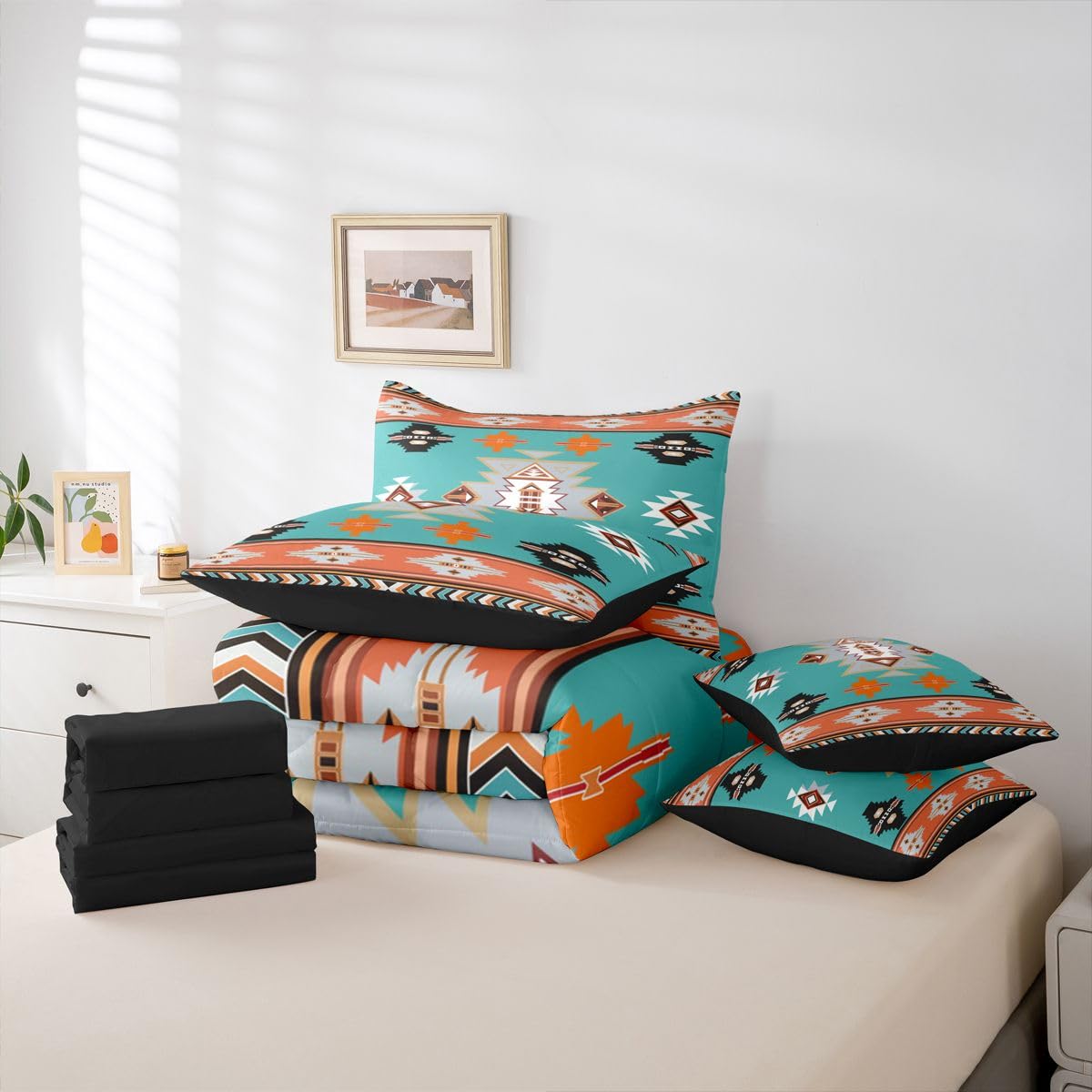 Erosebridal Western Twin Comforter Set with Sheets | Southwestern Decor Geometric 7-Piece Bedding Set Farmhouse Aztec Bed in a Bag, Stripes Diamond Triangle Bed Sets,Teal