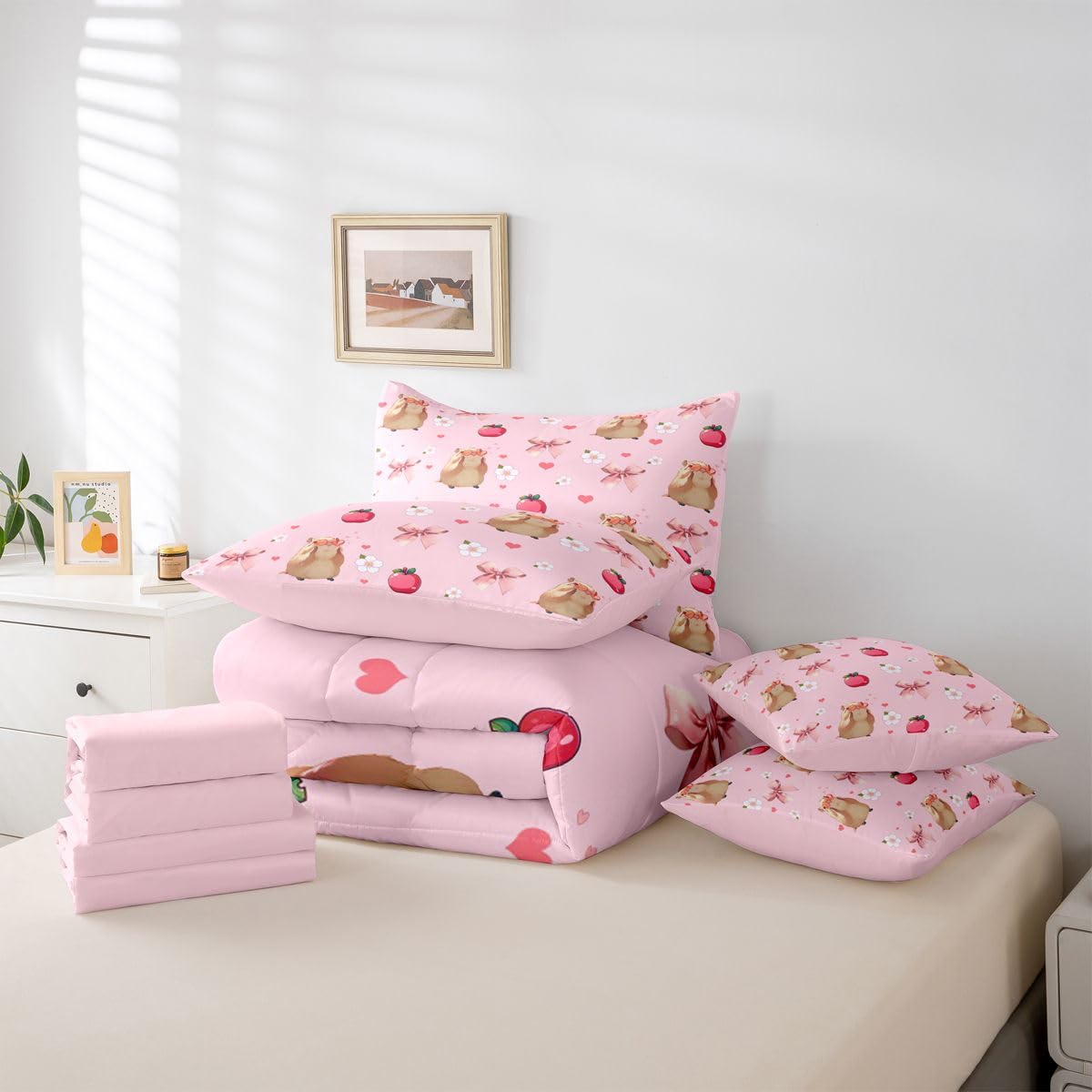 Feelyou Capybara Comforter Set King Size 7 Pieces Cute Pink Bow Bedding Set for Kids Boys Girls Soft Flower Texture Bed in a Bag with Comforter, Sheets, Pillowcases, Cushion Covers