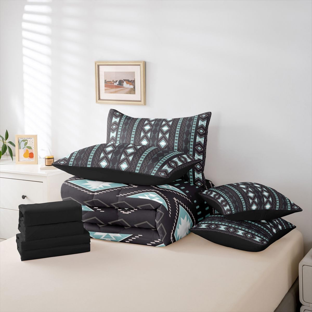 Bohemian Bed in a Bag Queen Comforter Set 7-Piece Boho Striped Aztec Bedding Sets Geometric Triangle Western Comforter and Sheet Set, Country Rustic Bed Sets Exotic Nordic Southwestern Decor,Black