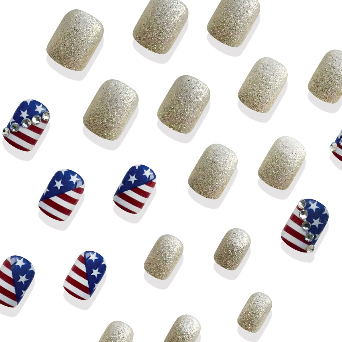 24Pcs Independence Day Press on Nails Short Square Fake Nails with Rhinestones Designs 4th of July Glue on Nails Full Cover Silver Glitter Acrylic Stick on Nails for Women 4th of July Nails Decor