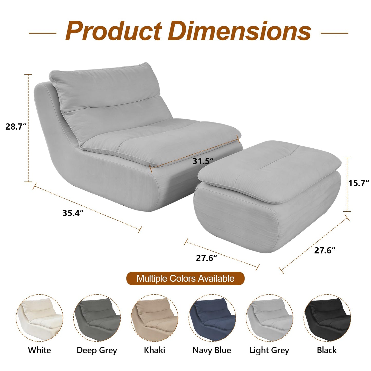 BTFYOU Boneless Chaise Lounge Chair, Large Memory Foam Bean Bag Chair with Ottoman for Adults and Kids, Comfy Sofa Bed Couch for Bedroom Living Room, No Assembly(Gray)
