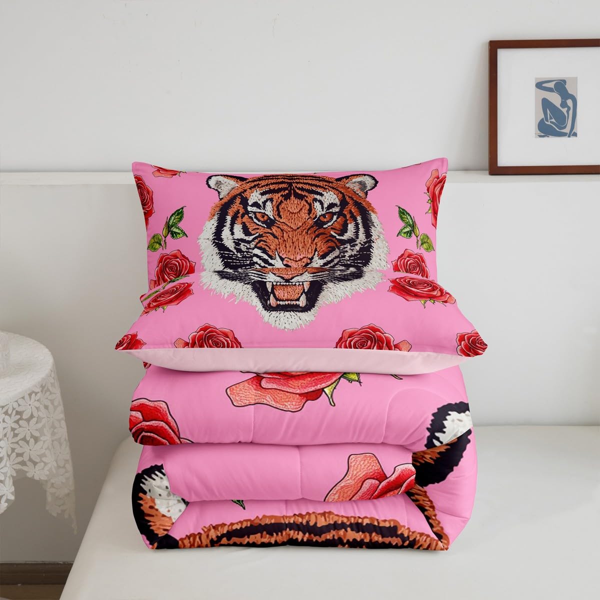 Erosebridal Tiger Comforter Set Twin Size Kawaii Wildlife Bedding Set for Kids Girls BoysSafari Jungle Animal Comforter Pink Roses Flowers Quilt Bedroom Decor