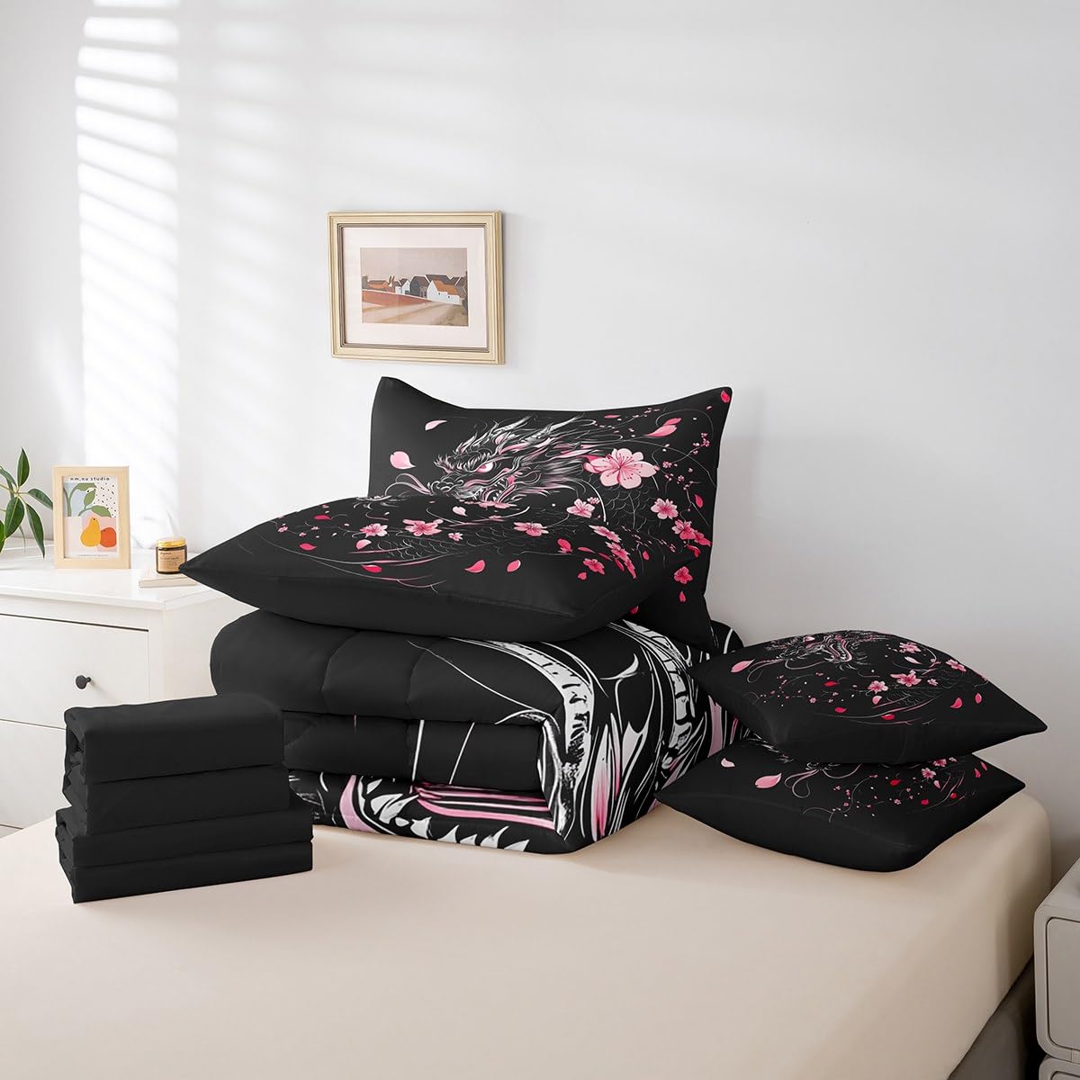 Erosebridal Sakura Dragon Bedding Set for Girls,Exotic Dragon King Comforter Set 7 Piece for Kids Boys Teen,Magical Animal Black Bed in A Bag Pink Cherry Blossom Japanese Style Bed Set