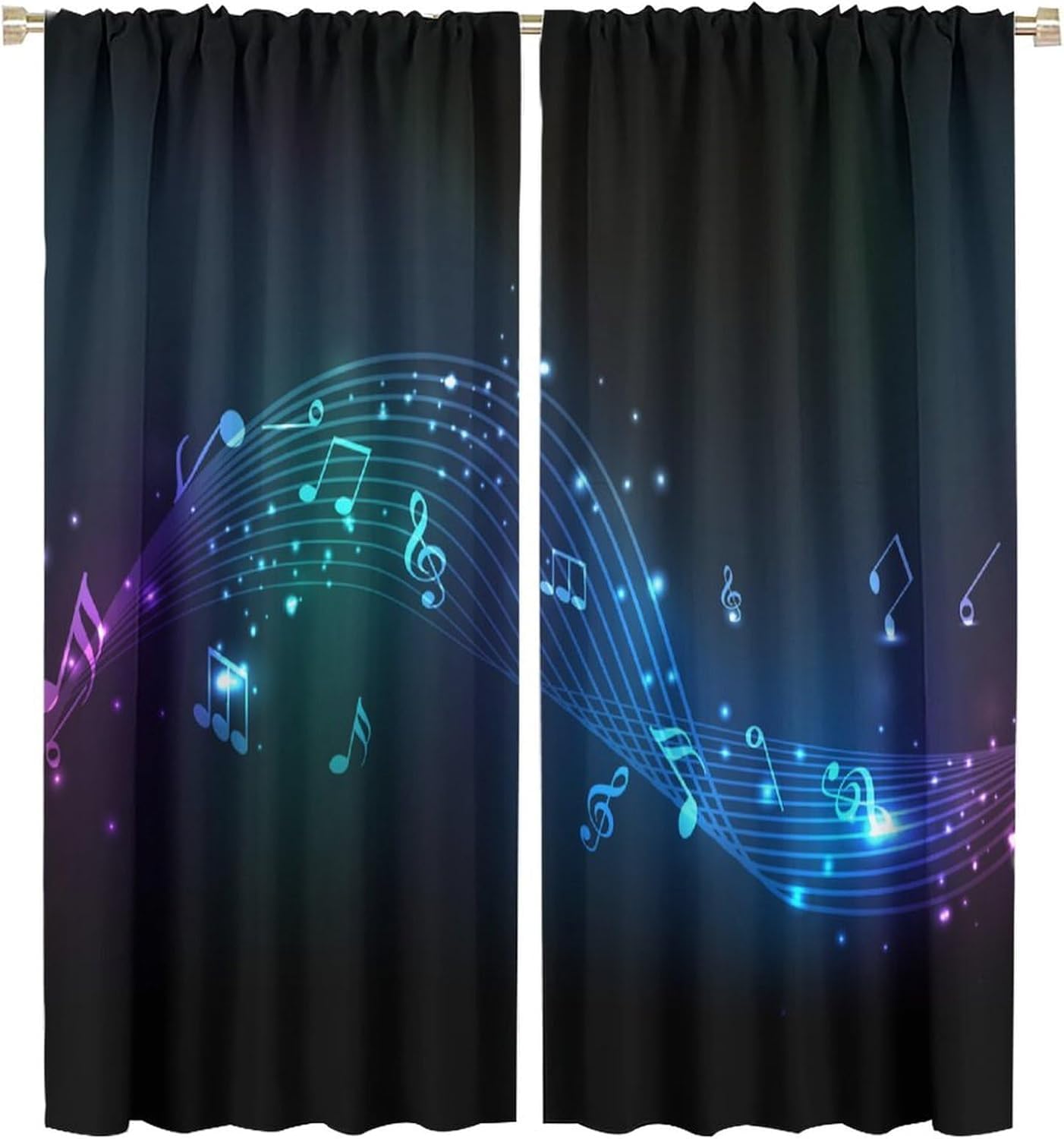 HZOHNAGO Music Curtain Blue Cyan Purple Dancing Notes Pattern Blackout Print Rod Pocket Window Drapes for Bedroom Living Room 42x45in