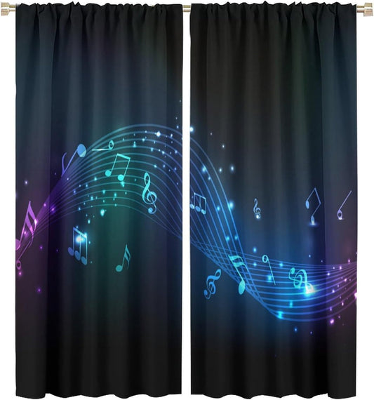 HZOHNAGO Music Curtain Blue Cyan Purple Dancing Notes Pattern Blackout Print Rod Pocket Window Drapes for Bedroom Living Room 42x45in