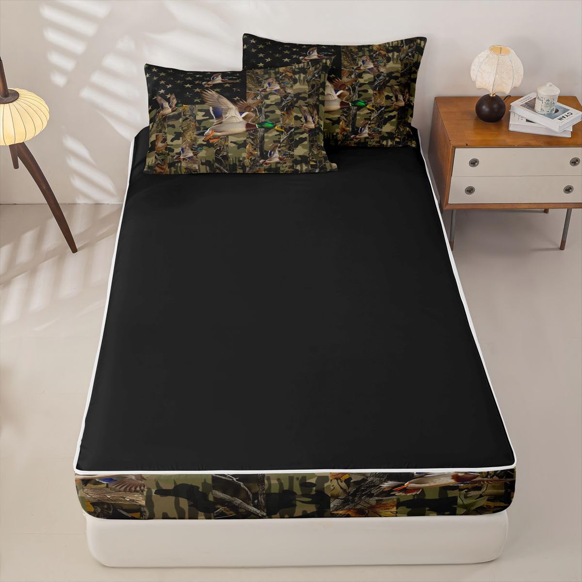 jejeloiu Mallard Duck Hunting Camo Zipper Bedding Sets for Kids Boys Girls Rustic Western Duck Twin Comforter Set with Fitted Sheet American Flag Bedroom Decor Microfiber with 2 Pillow Cases