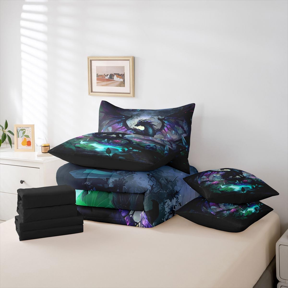 Feelyou Dragon Comforter Set with Sheets 7 Piece Twin Size Dragon Stuff Bedding Set for Kids Boys Girls Wild Life Bed in a Bag Magic Wildlife Room Decor Black Purplish Soft Lightweight Microfiber