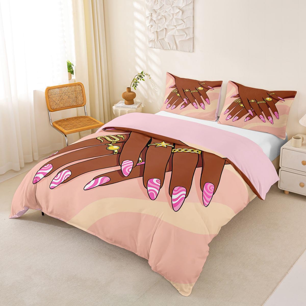 Erosebridal Romantic Makeup Themed Comforter Cover Full Size for Girls Fashion Girlish Bedding Set Black Girls Duvet Cover for Kids Teens Adult Women Bedroom Afro Vogue Princess Magical Bed Set