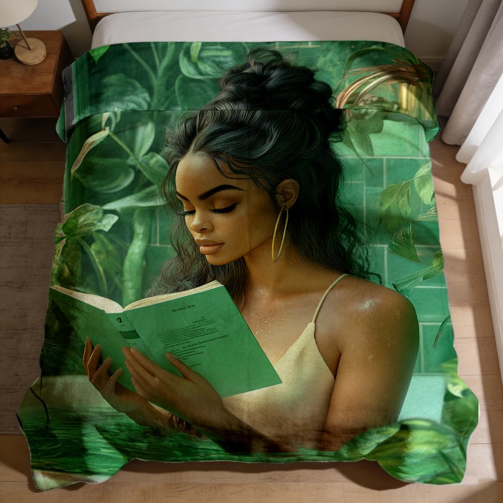 ZHOUSHUTONG Black Girl Reading Book in Bathtub Flannel Throw Blanket, Cozy Warm African American Women Blankets, Lightweight Fuzzy Soft Green Botanical Flannel Blanket for Couch Bed Sofa 49"x59"