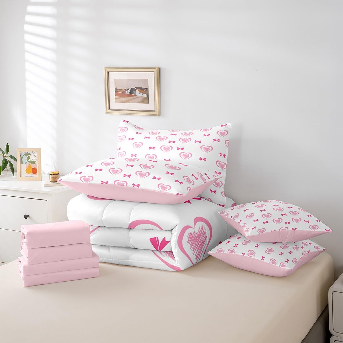 Erosebridal 7 Piece Heart Pattern King Bedding Set,Kawaii Pink Bowknot Kids Comforter Set for Girls Boys,Valentine Bow Love Heart Shaped Sheet Set,Dreamy Princess Style Reversible Bed in a Bag