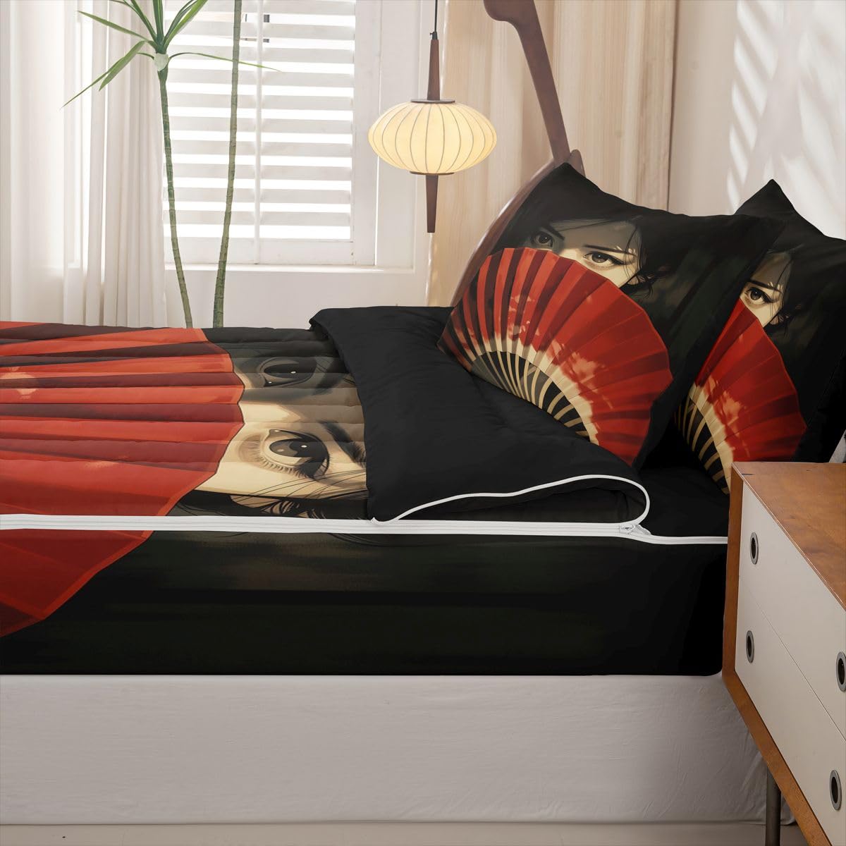 Erosebridal Onna-Musha Kids Comforter Set with Zipper, Japanese Samurai Twin Size Zipper Bedding Set, Japan Culture Decor Bed-in-A-Bag