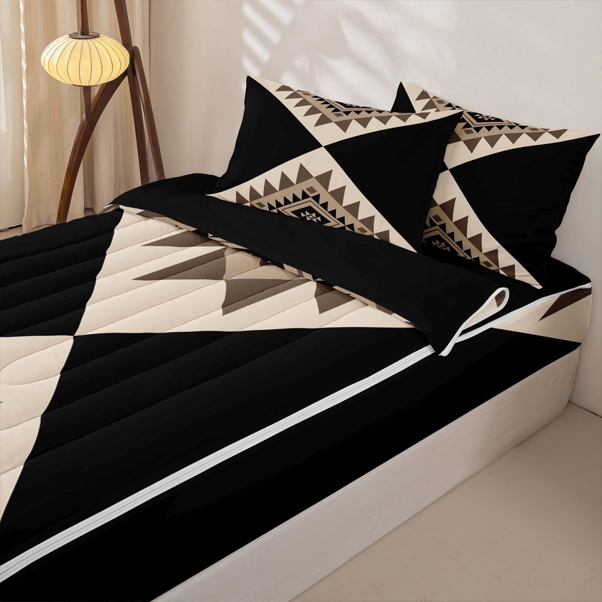 Erosebridal Black Beige Abstract Zipper Bedding Set Twin Modern Boho Western Aztec Zipper Comforter Set with Sheets Stripes Bed in a Bag Minimalist Stylish Art Southwestern Bed Sets with 2 Pillowcases