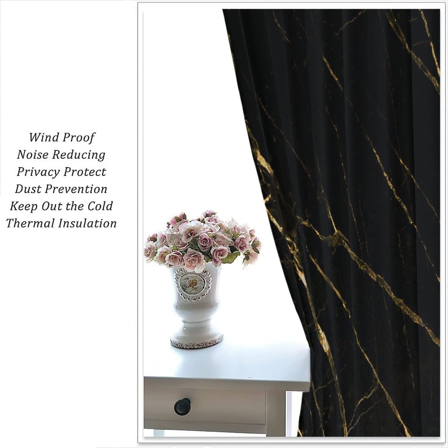 Luxury Black Gold Window Curtains,Golden Lines Marble Texture Modern Style Room Darkening Door Window Rod Pocket Curtain for Living Room Bedroom W42xL45in