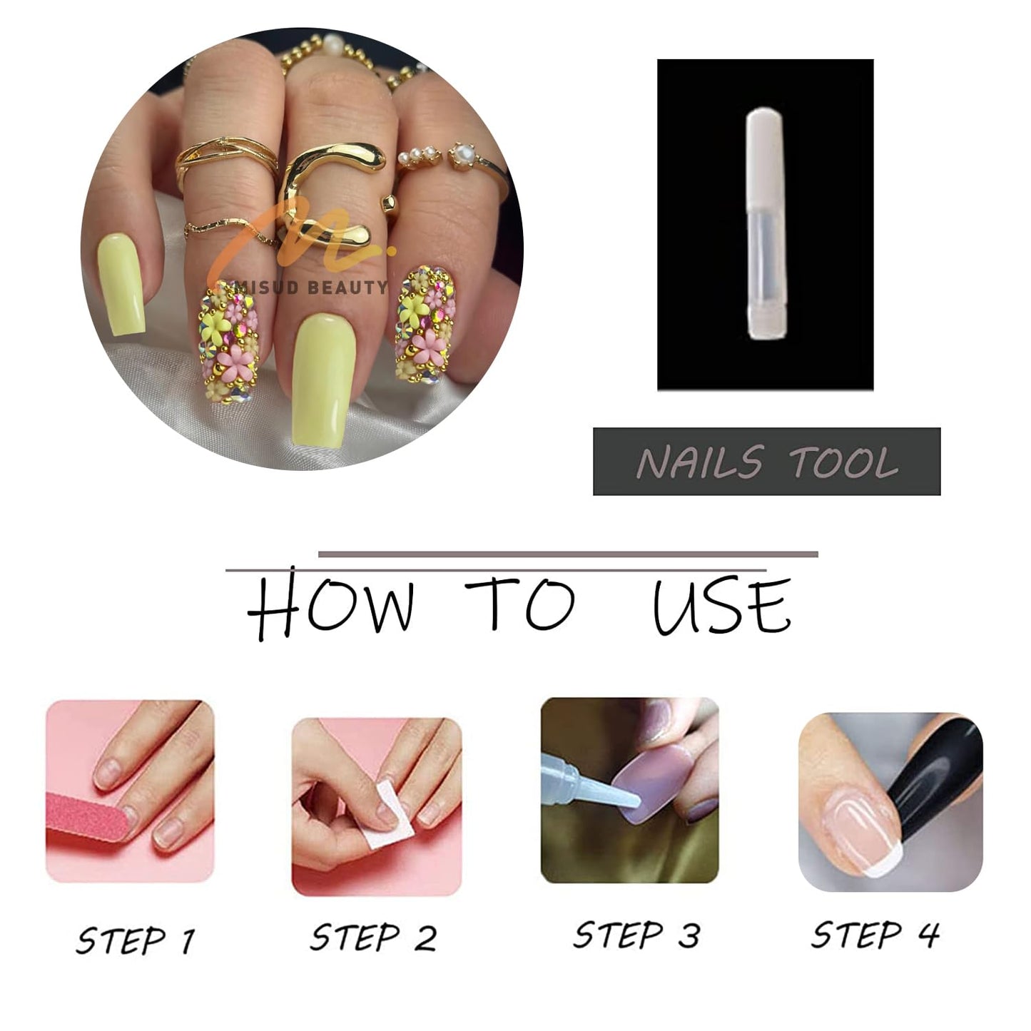 MISUD Press on Nails - Long Square Fake Nails with Yellow, Acrylic Flower Rhinestone Design 24 pcs