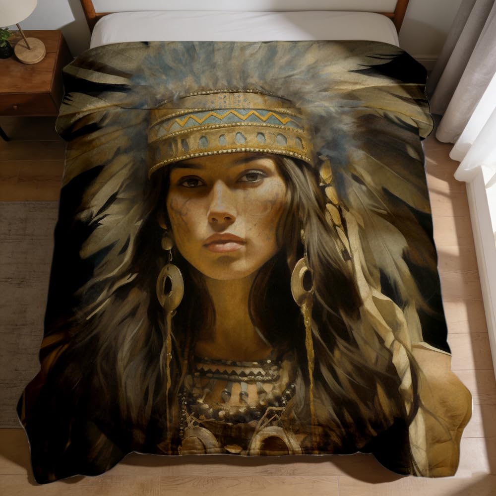 ZHOUSHUTONG Native American Throw Blanket Indian Tribal Chief Print Super Soft Warm Cozy Flannel Blanket for Couch Bedroom Office Southwest Cultural Home Decor Gift 49"x59"