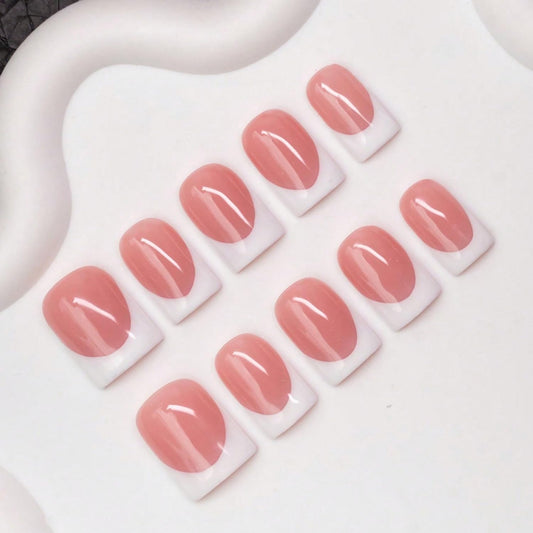 Handmade Press on Nails Solid Color Fake Nails Short Square White French Tip False Nail with Designs Muti-Layer Gel Thicked Acrylic Nails Full Cover Salon Quality Stick on Nail Kit for Women (M)