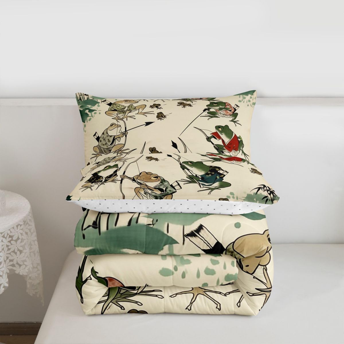 jejeloiu Funny Frog Bedding Set Soft for Boys Girls, Japanese Comforter Set Queen Size Asian Style Duvet Quilt Microfiber Animal Print Bedroom Decor 3 Pcs with 2 Pillow Cases
