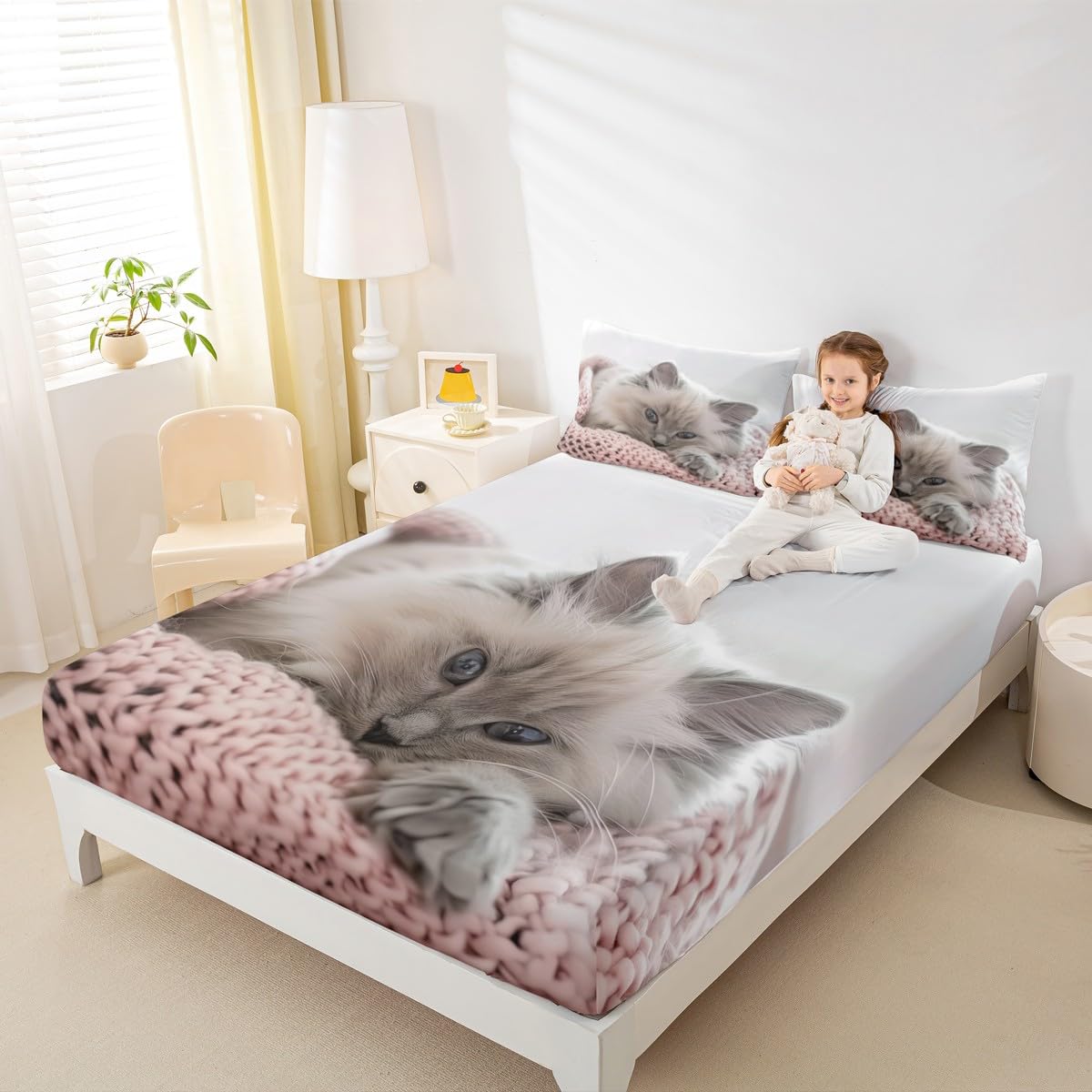 jejeloiu Cat Fitted Sheet Twin Size for Kids Boys Girls Cats Print Bed Sheets Set 16" Deep Pocket Breathable Microfiber Animal Bedding with 1 Pillowcase White Room Decor