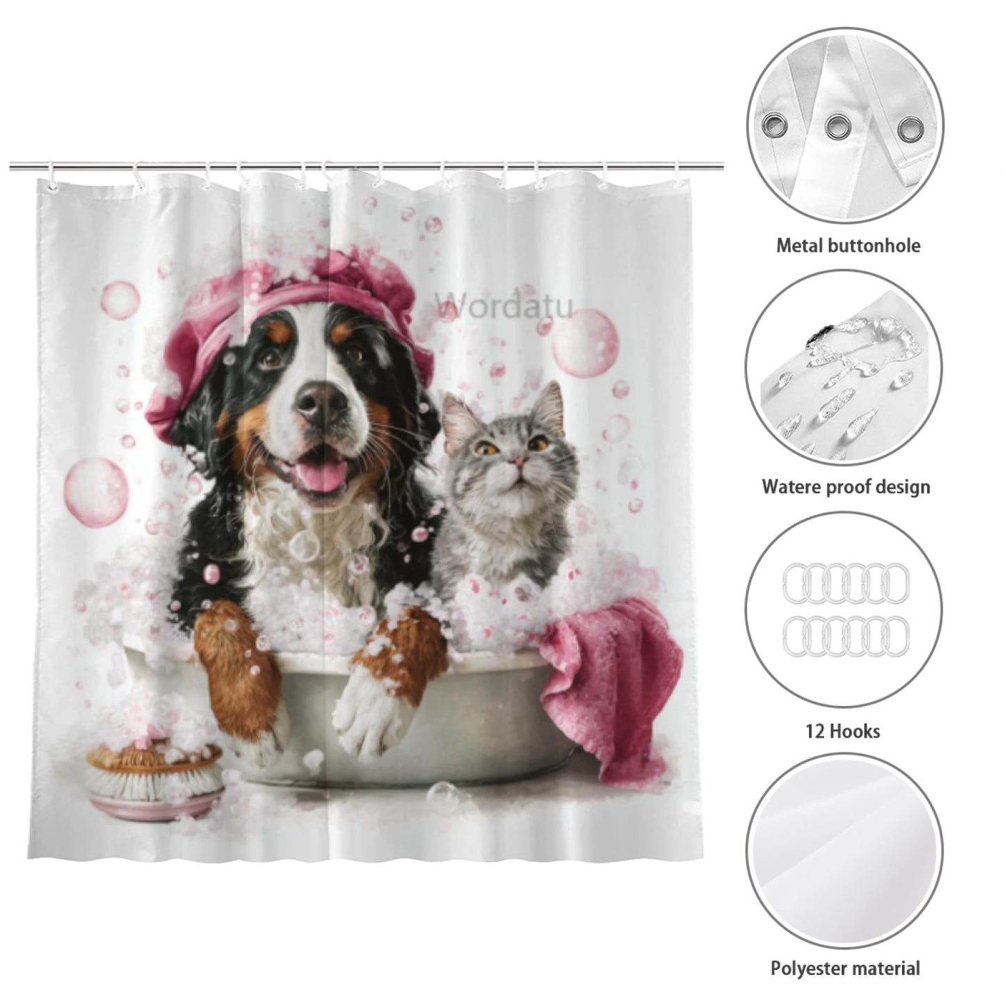 Wordatu Funny Bernese Mountain Shower Curtain Decor Fabric Bathroom Curtains, Kids Children Cartoon Waterproof 72x72 inch with 12 Hooks