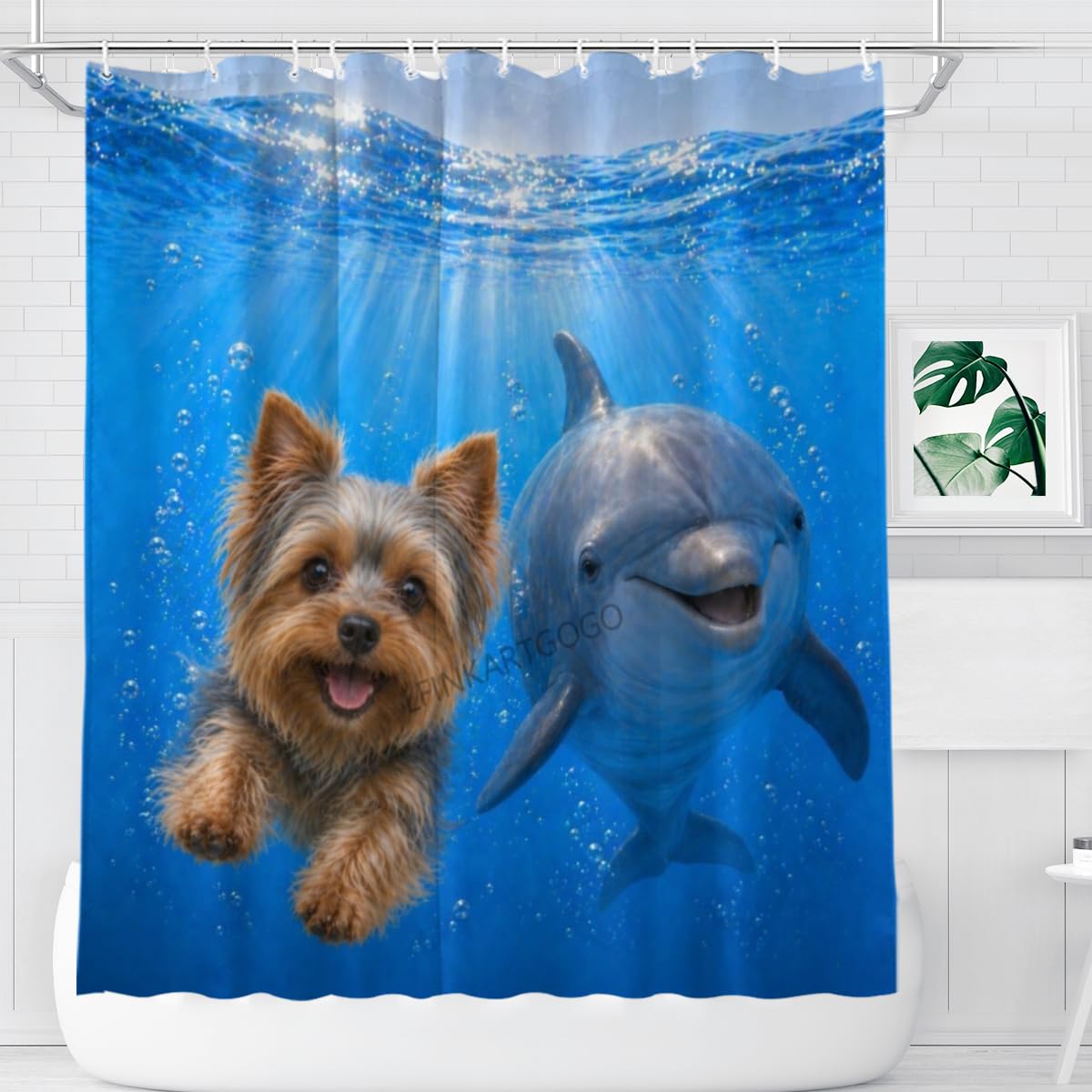 LFINKARTGOGO Ocean Yorkshire Terrier Shower Curtain 72x72 with 12 Hooks Underwater Animal Dolphin Waterproof Washable Polyester Bath Curtain for Home Hotel Decor