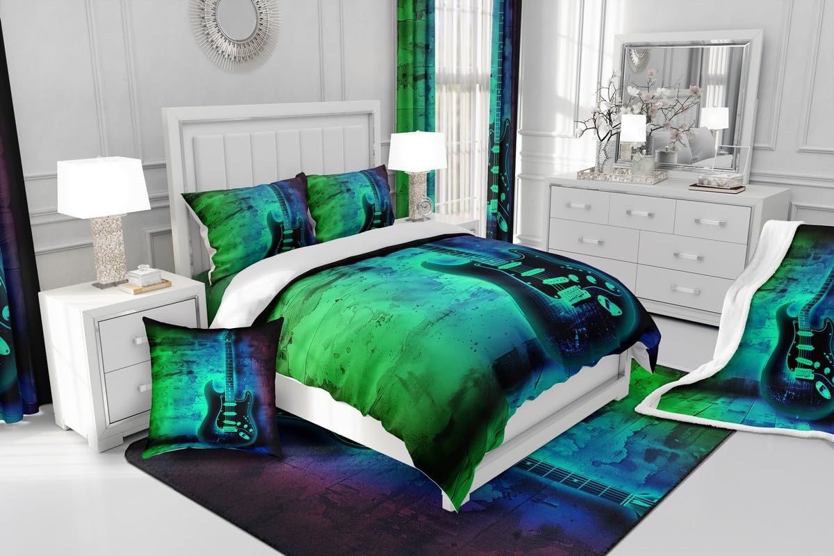 Electric Guitar Duvet Cover,Stringed Musical Instruments Bedding Set for Kids Child Boys Youth,Gradient Tie Dye Blue Teal Green Comforter Cover Set Hip Hop Pop Music Hipster Bedroom Decor King Size