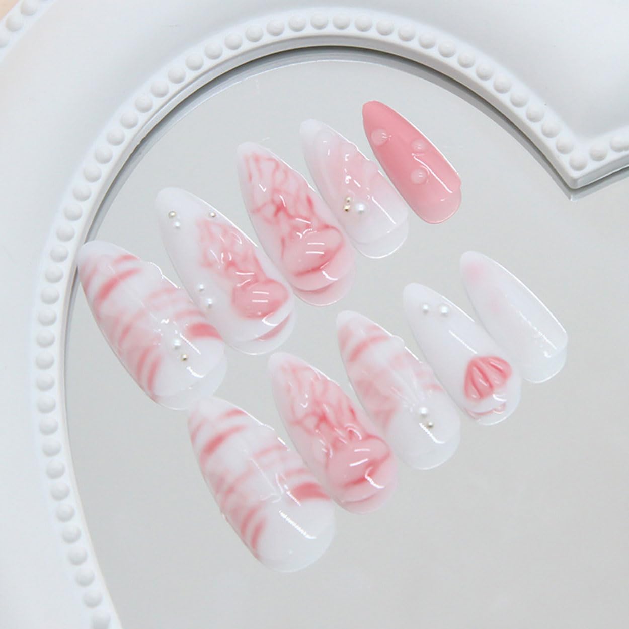Press on Nails Almond Medium Pink Fake Nails French Tip False Nails Press ons with Shell Ocean Design Glue on Nails Artificial Acrylic Nail Art Glossy Full Cover Stick on Nail Supplies for Women 24Pcs