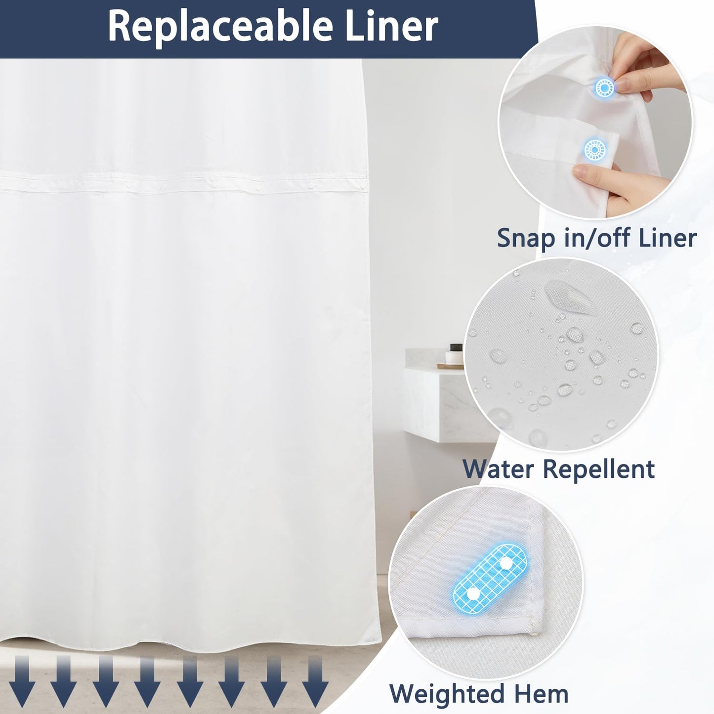 Sea Whale Shower Curtain with Snap in Liner, Blue Ocean Marine Life Coastal Design Bathroom Curtains, Double Layers No Hook Shower Curtain with Weighted Hem, Washable Waterproof Fabric, 71x74 Inch