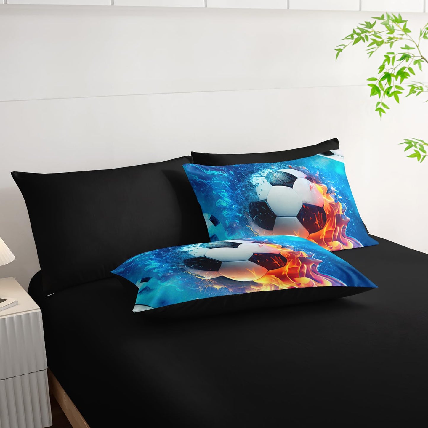 AILONEN Kids Soccer Comforter Set Full Size,7-Piece Soft Bed in a Bag,Ice and Fire Sport Boys Soccer Comforter & Fitted Sheet with Flat Sheet & 2 Pillowcases,2 Pillow Shams for Bedroom