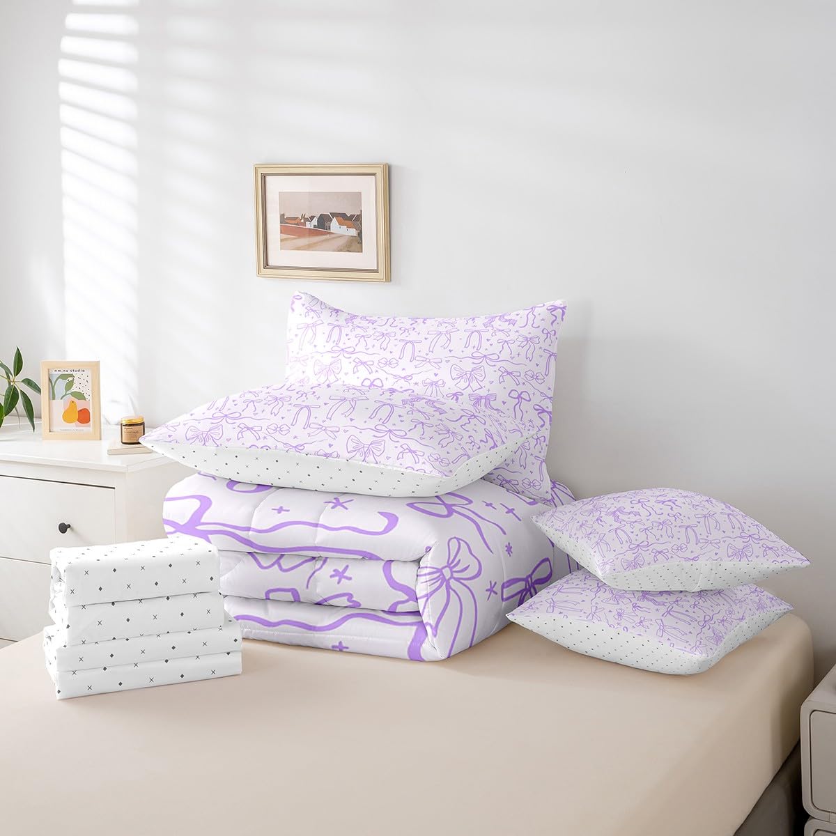 7 Pieces Kids Comforter Full Size,Purple Bow Comforters Cartoon Bowknot Bedding Butterfly Knot Princess Girl Bed Sets,Bow Star Love Girly Comforter Fitted Flat Sheet Pillowcase Throw Pillow Cover